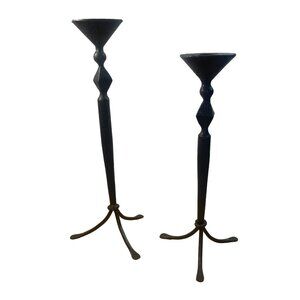 Vintage Brutalist Cast Metal Candle Holders Set of 2 MCM Rustic
